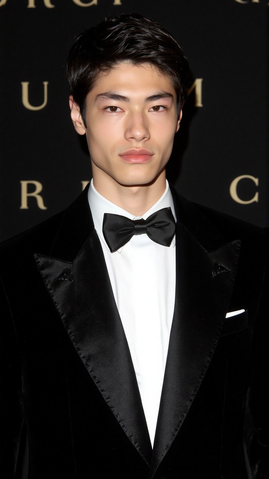 a 2000s paparazzi photo of a 18 years old handsome young Asian man,  he is wearing a black velvet tuxedo by Gucci by Tom F...