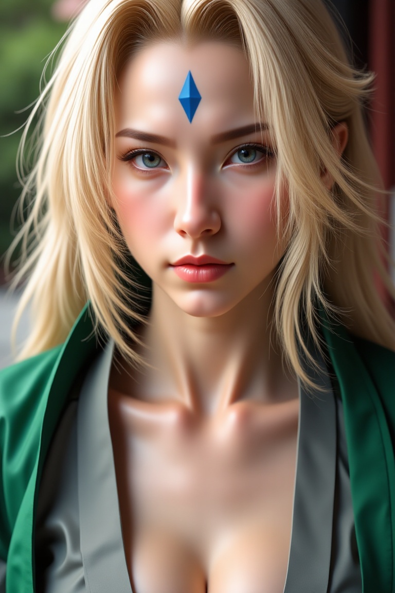 tsunadecosreal,  close-up portrait of a beautiful blonde kunoichi with blue diamond mark on forehead,  deep cleavage on Te...