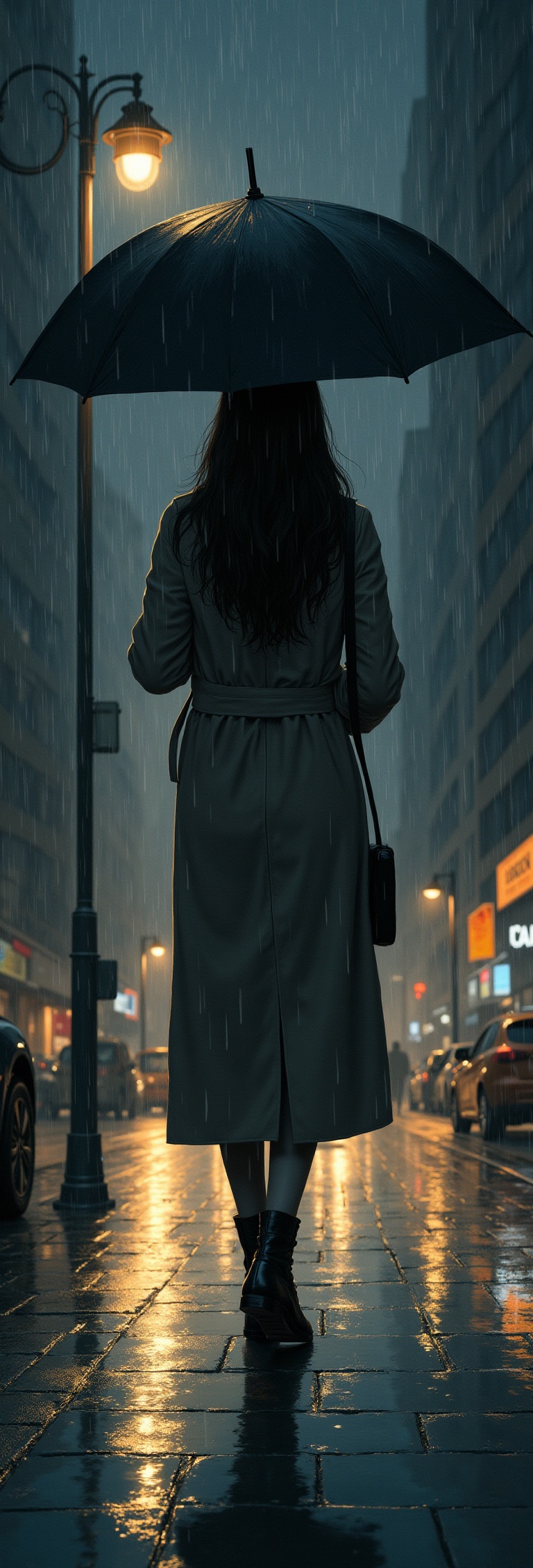 (holding umbrella with light rain falling),  (soft reflection on wet pavement),  (gray eyes thoughtful) on Tensor.Art