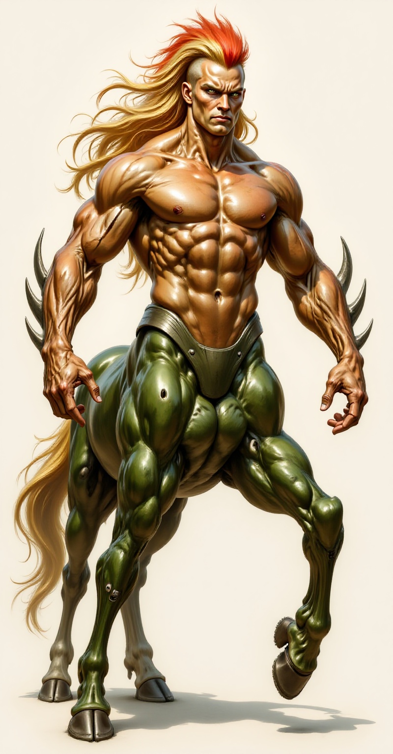 Centaur.outer armor.The image depicts a muscular,  humanoid figure with long,  flowing blonde hair and a prominent red moh...