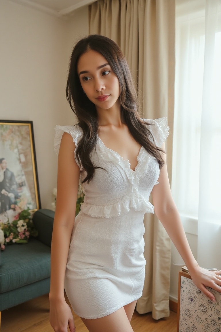 The image shows a woman standing indoors,  dressed in a white,  ruched dress with layered ruffles. Her hair is long and wa...