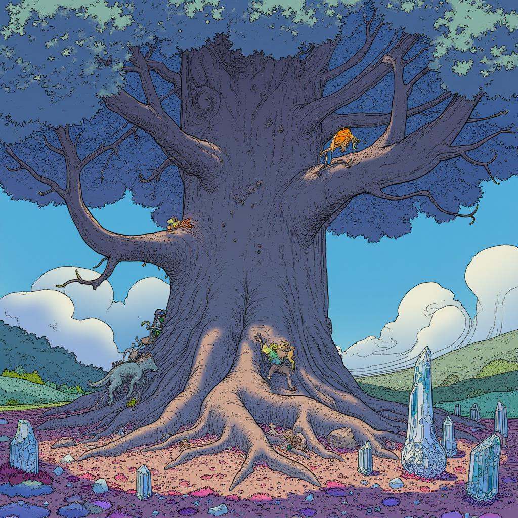 cartoon moebius illustration in mb artstyle,  A massive,  ancient tree with roots curling into the sky. Its leaves shimmer...
