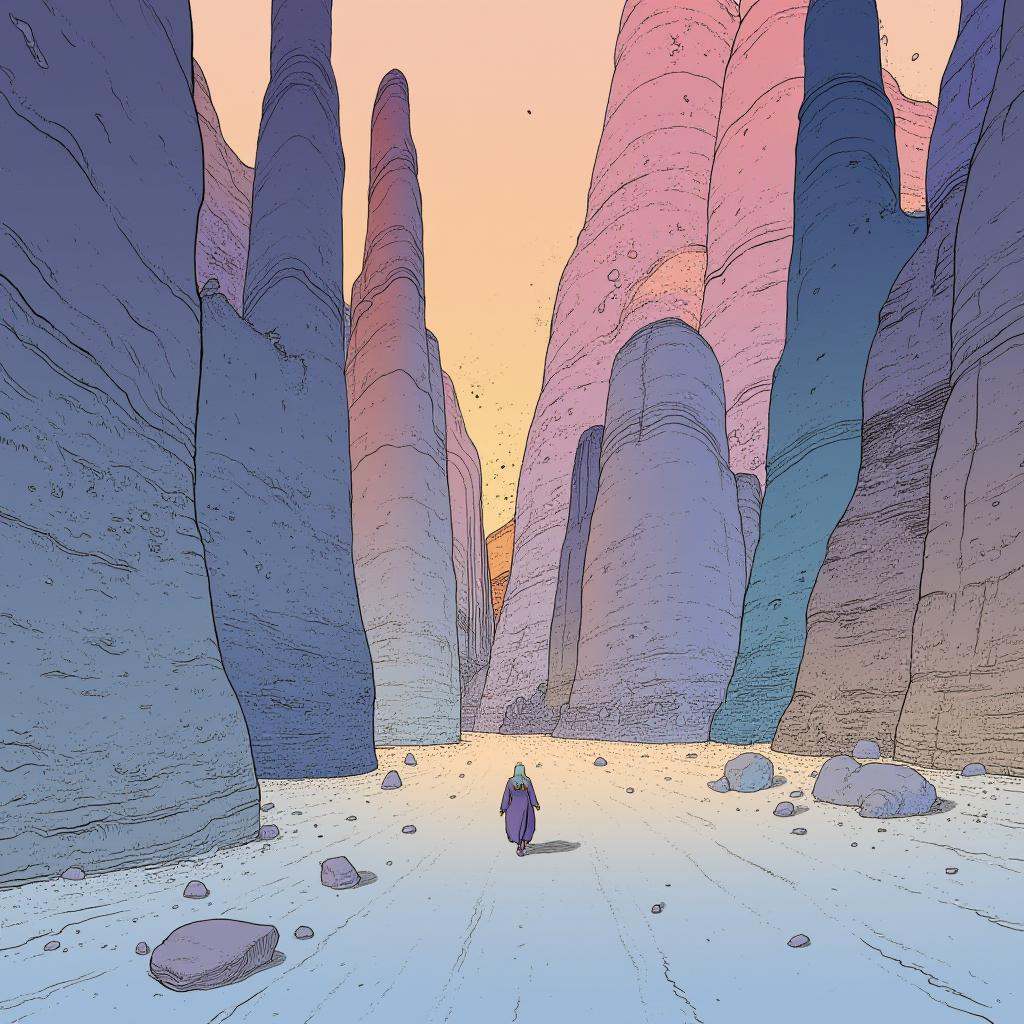cartoon moebius illustration in mb artstyle,  A vast,  surreal desert stretches endlessly on Tensor.Art