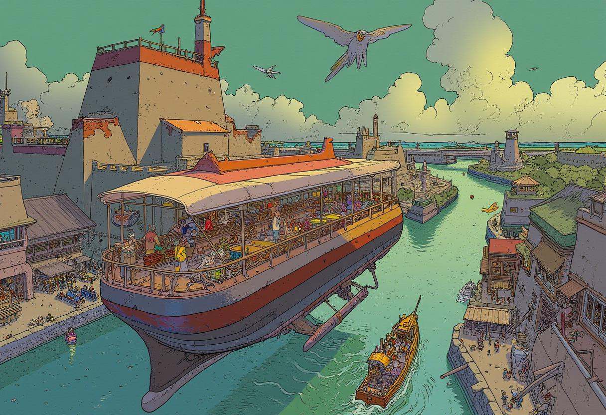 cartoon moebius illustration in mb artstyle,  A bustling floating marketplace suspended in the sky,  filled with bizarre a...