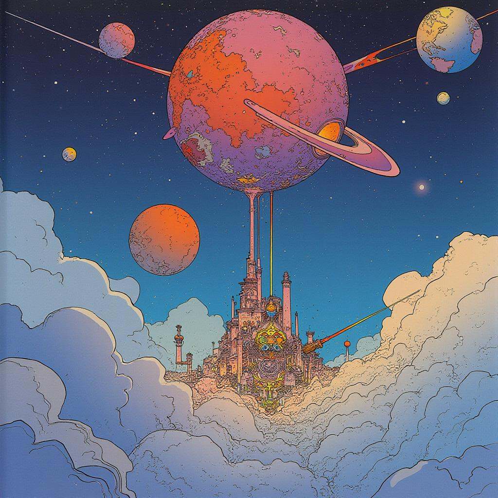 cartoon moebius illustration in mb artstyle,  A celestial sky with vibrant colors,  where planets of different sizes float...