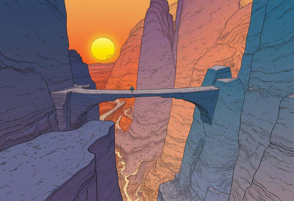 cartoon moebius illustration in mb artstyle,  A canyon landscape stretching infinitely,  its walls carved with unknown hie...