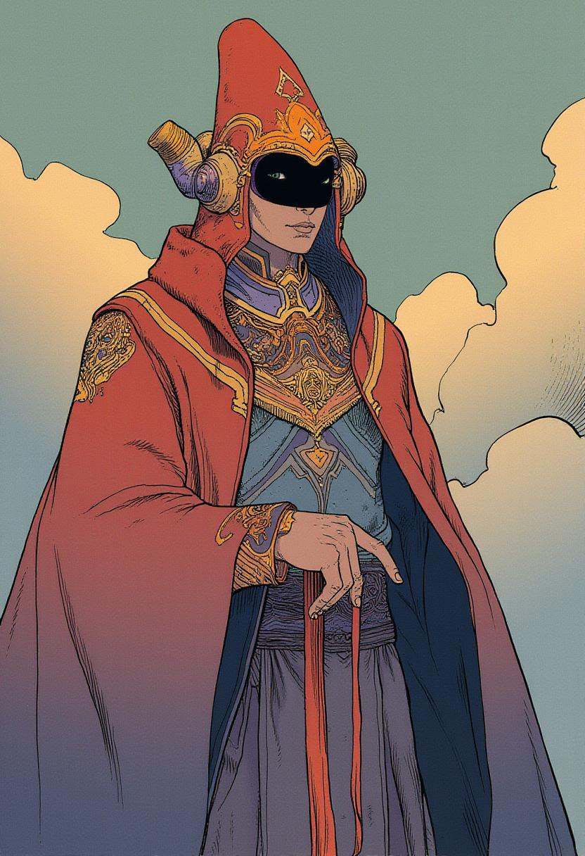 cartoon moebius illustration in mb artstyle,  A tall,  enigmatic traveler draped in flowing robes with geometric patterns....