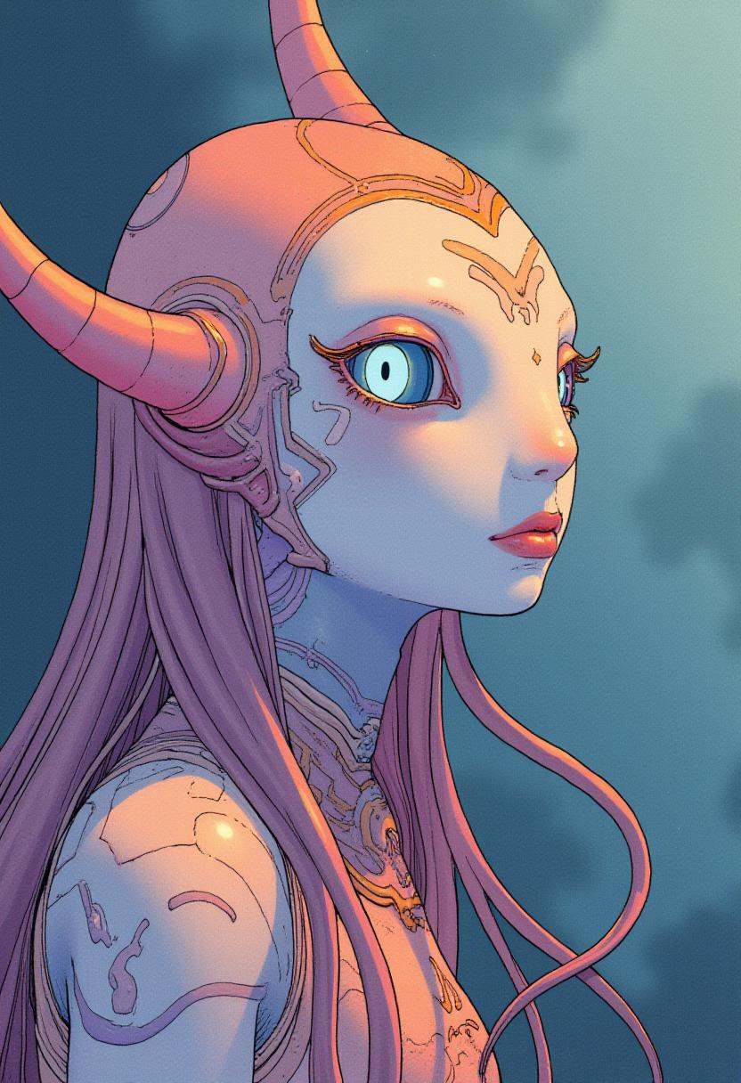 cartoon moebius illustration in mb artstyle,  A surreal yet peaceful alien being with soft,  pastel skin on Tensor.Art