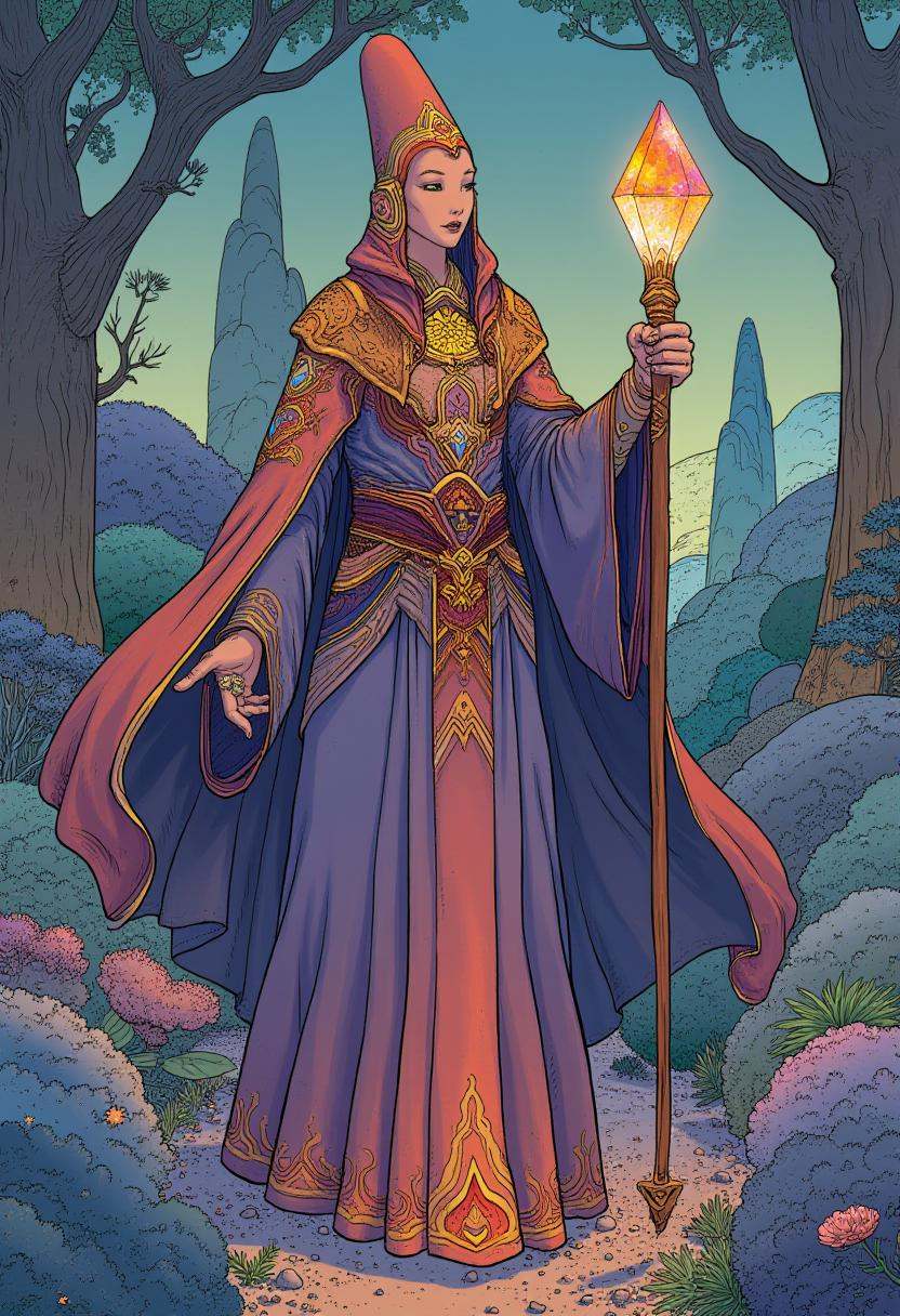 cartoon moebius illustration in mb artstyle,  A spiritual guide in layered,  flowing robes adorned with intricate patterns...