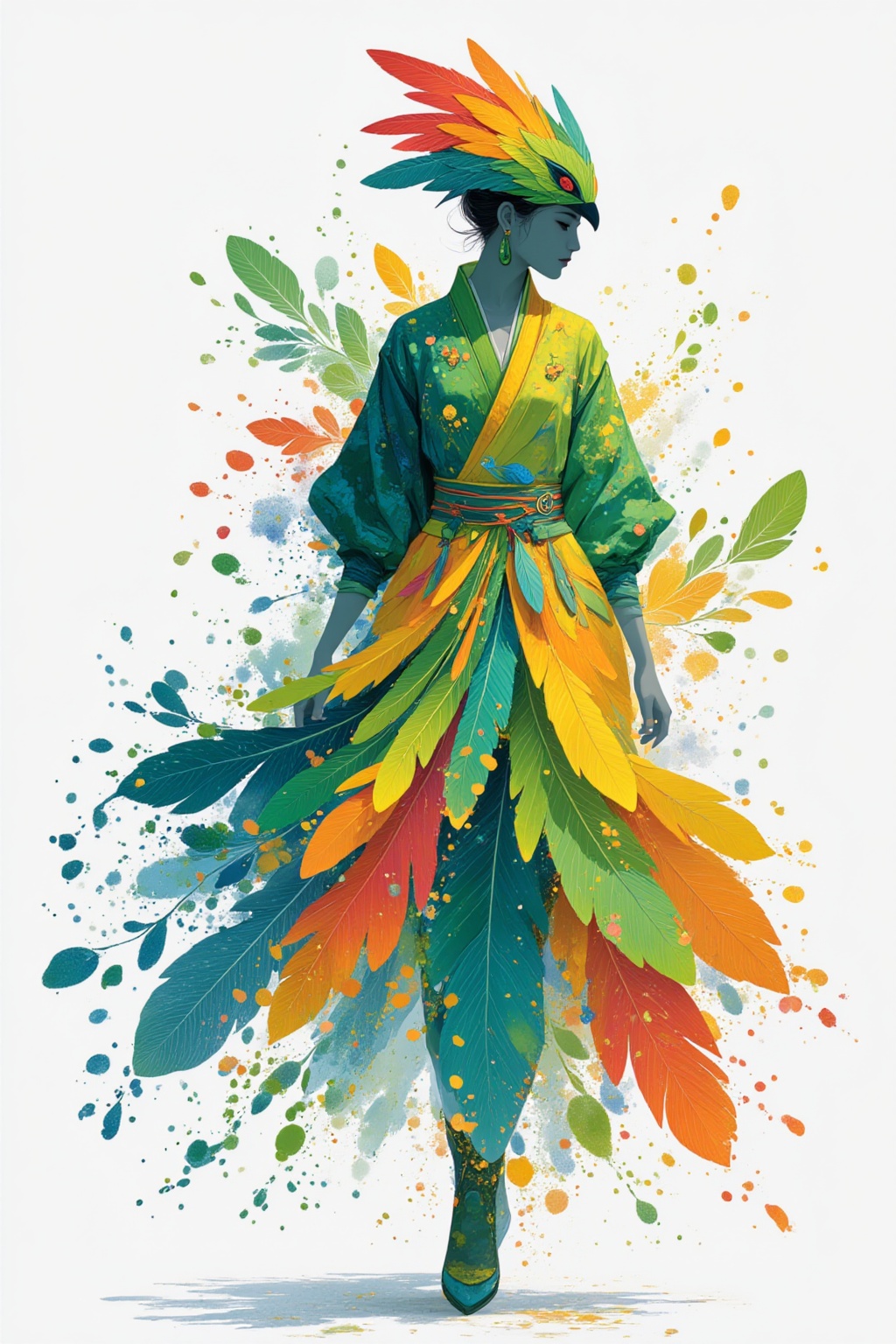 ddd The image depicts a vibrant and artistic depiction of a person wearing a colorful nature-inspired outfit. The individu...