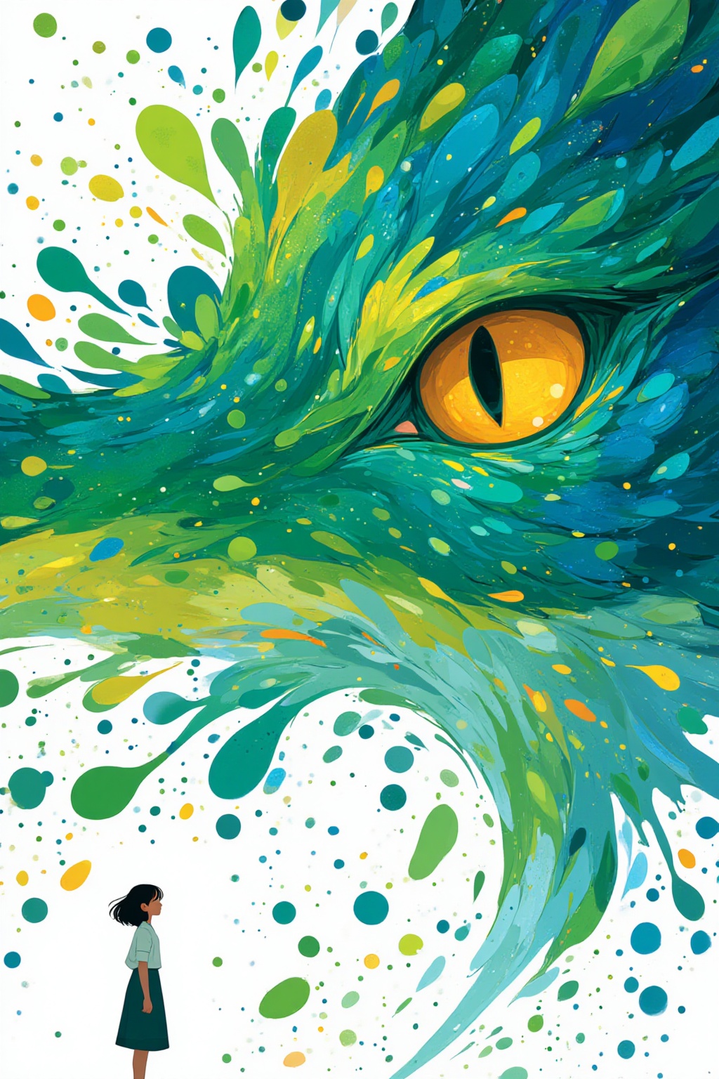 ddd The image depicts a young girl standing in front of a large vibrant and abstract creature that appears to be a dragon...