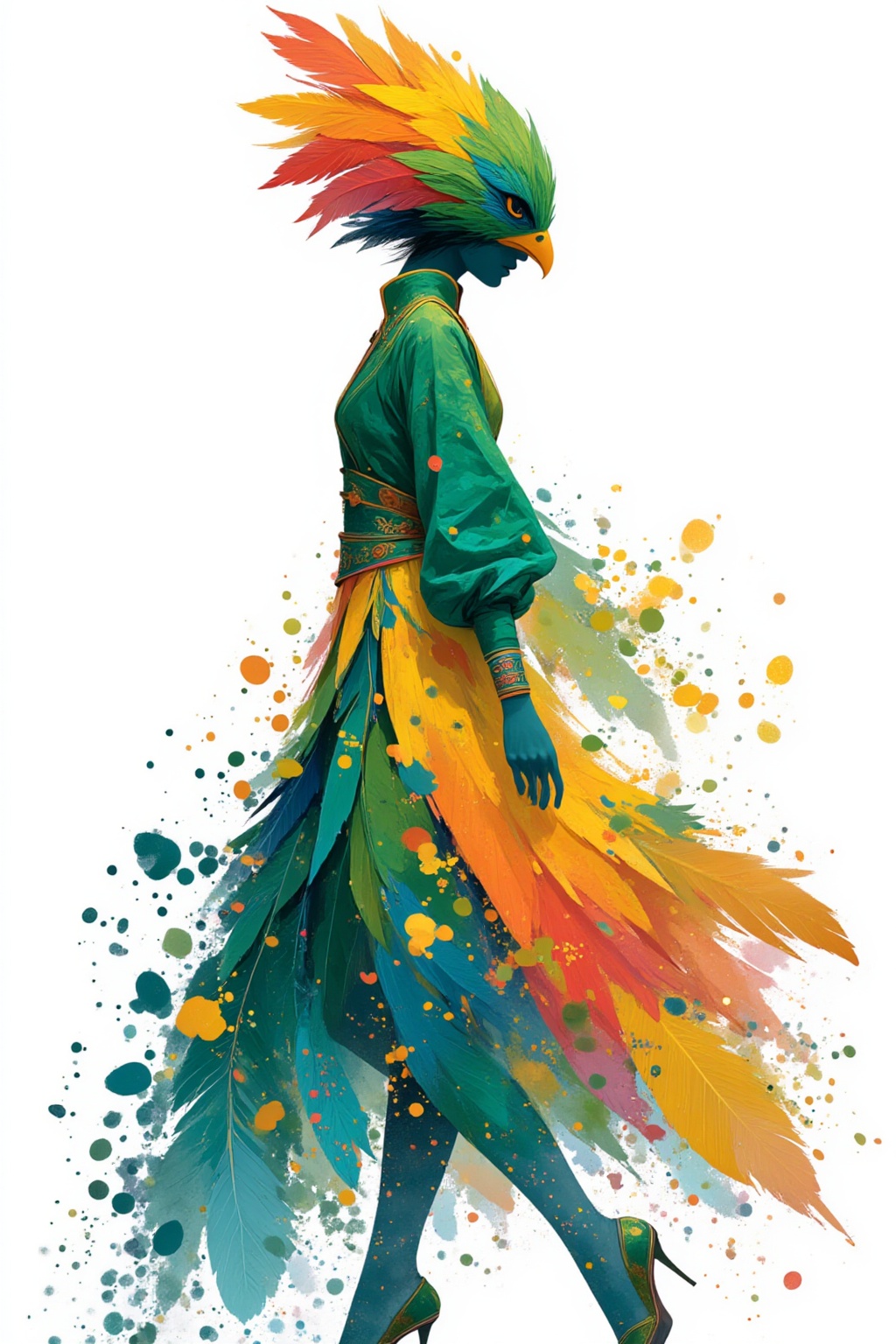 ddd The image depicts a vibrant and artistic depiction of a person wearing a colorful nature-inspired outfit. The individu...