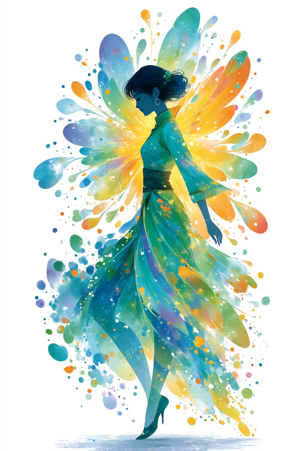 ddd The image depicts a stylized artistic representation of a woman in motion. She is shown in a flowing ethereal style wi...