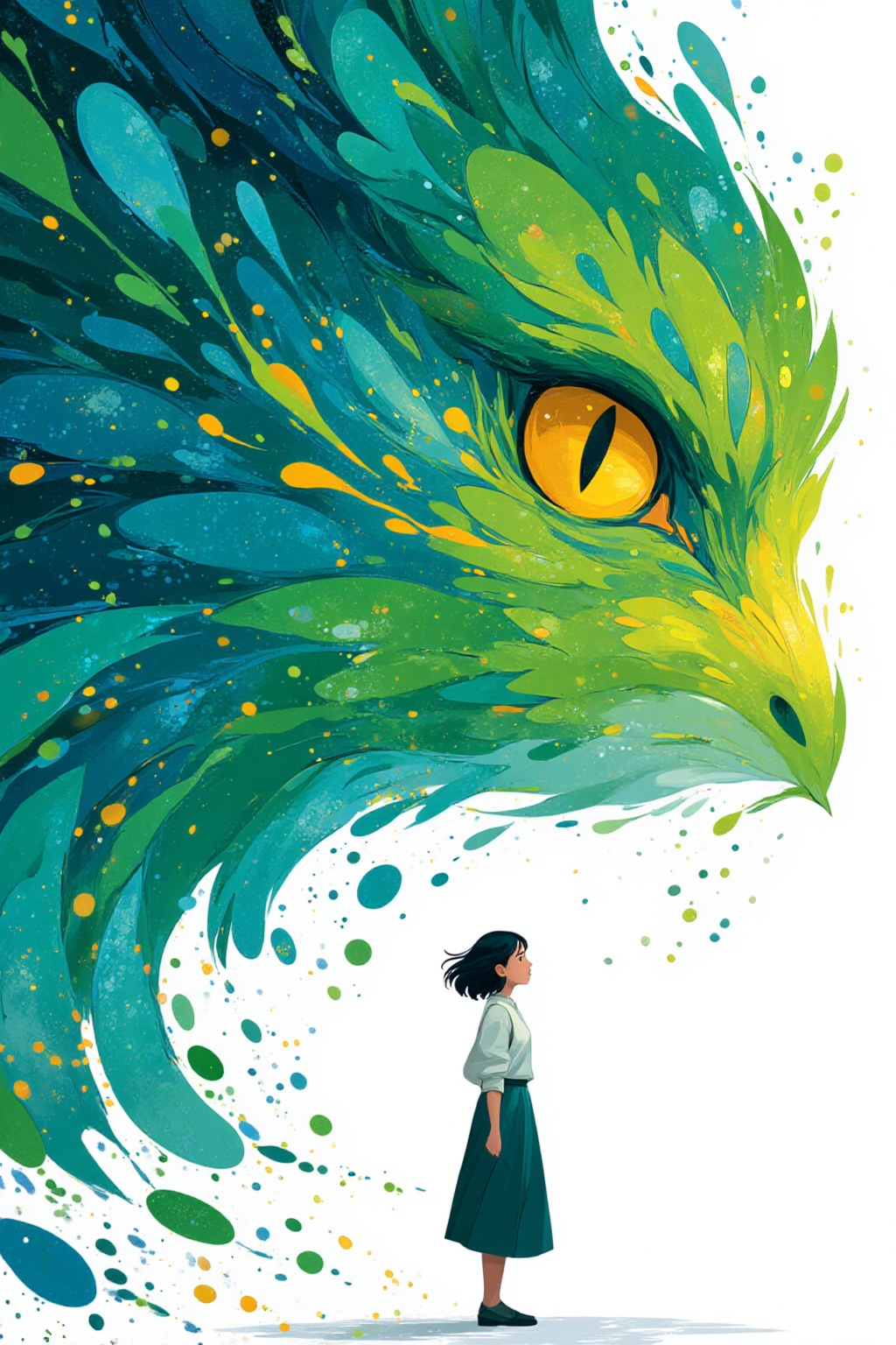 ddd The image depicts a young girl standing in front of a large vibrant and abstract creature that appears to be a dragon...
