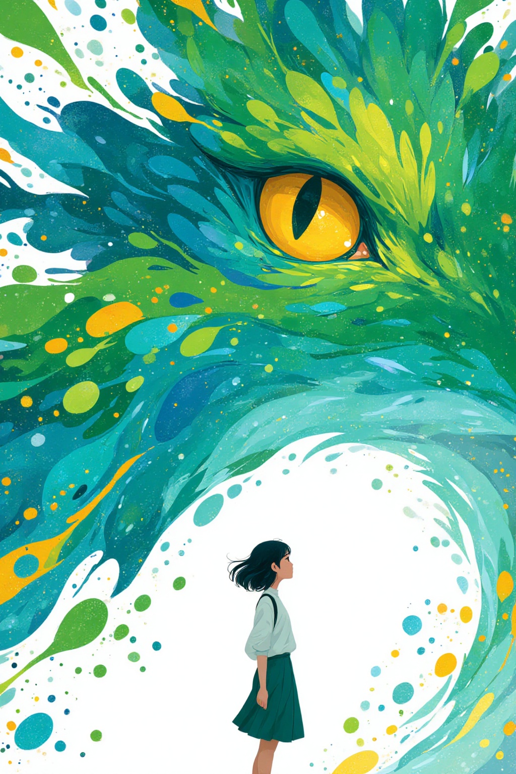 ddd The image depicts a young girl standing in front of a large vibrant and abstract creature that appears to be a dragon...