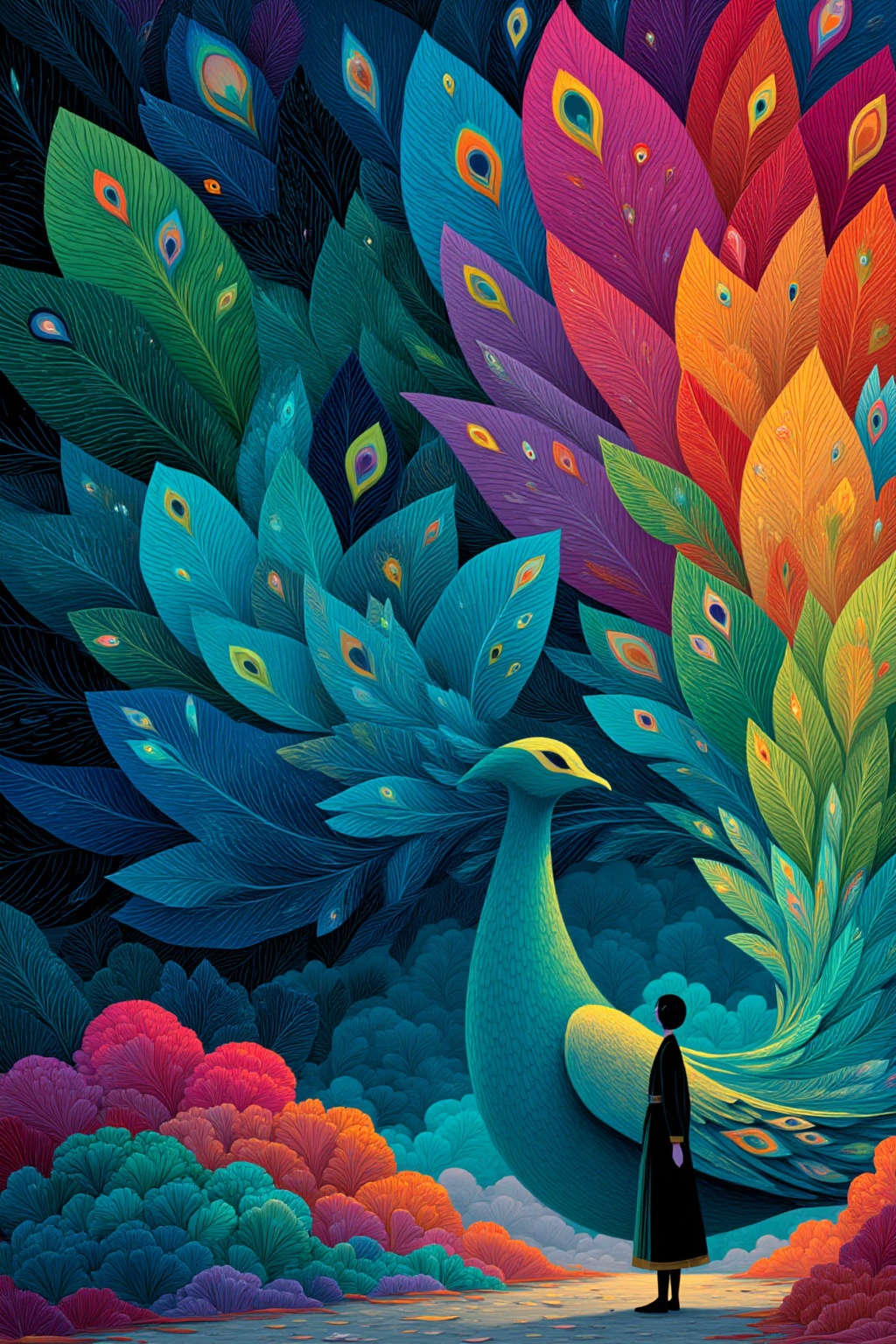 ddd The image depicts a vibrant and surreal scene with a large peacock at the center its feathers radiating in a dazzling...