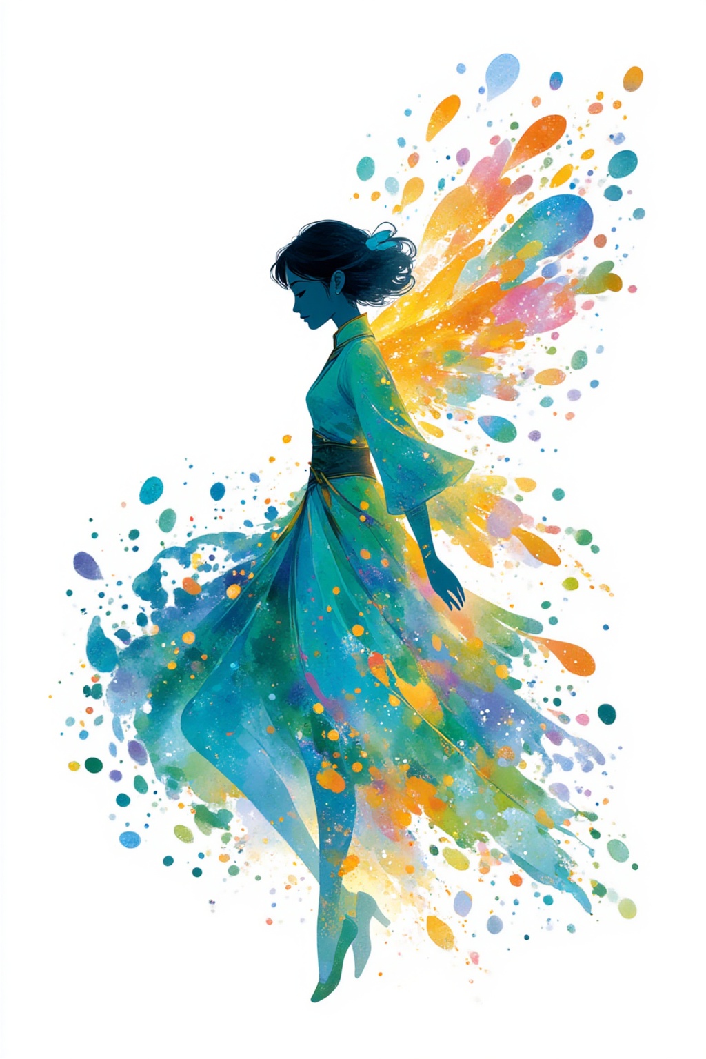 ddd The image depicts a stylized artistic representation of a woman in motion. She is shown in a flowing ethereal style wi...