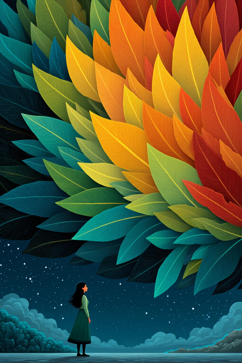 ddd The image depicts a woman standing in a serene starry night. She is dressed in a long green dress and black shoes gazi...