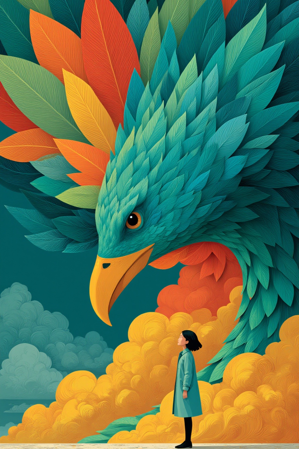 ddd The image depicts a large colorful bird with a vibrant array of teal orange and green feathers. The bird's head is pro...