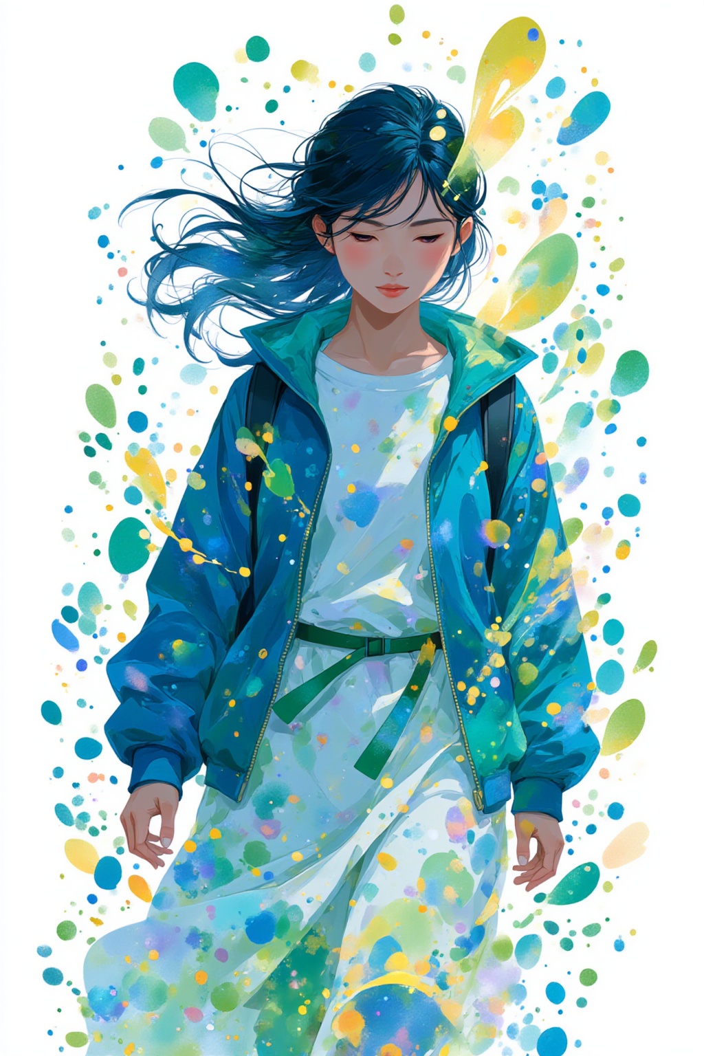 ddd The image depicts a person wearing a blue jacket and a light-colored top standing against a white background. The pers...