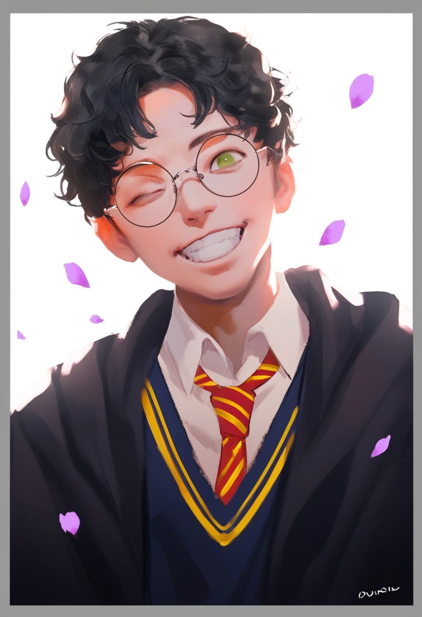 a dutch angle portrait of a young boy with curly hair,  wearing round glasses. he is dressed in a blue robe with a red and...