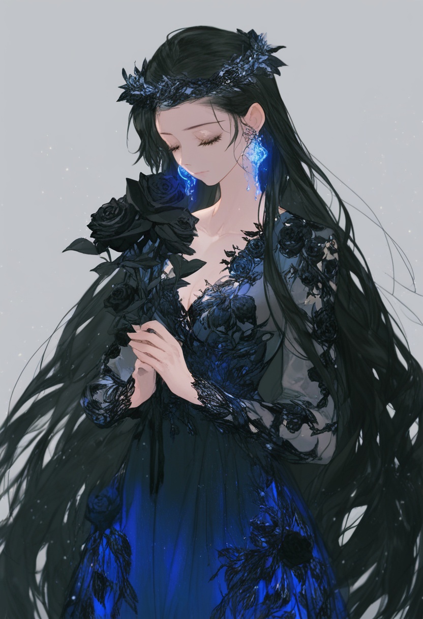 a female character with long flowing black hair adorned with a blue floral wreath. she is wearing a translucent dress with...