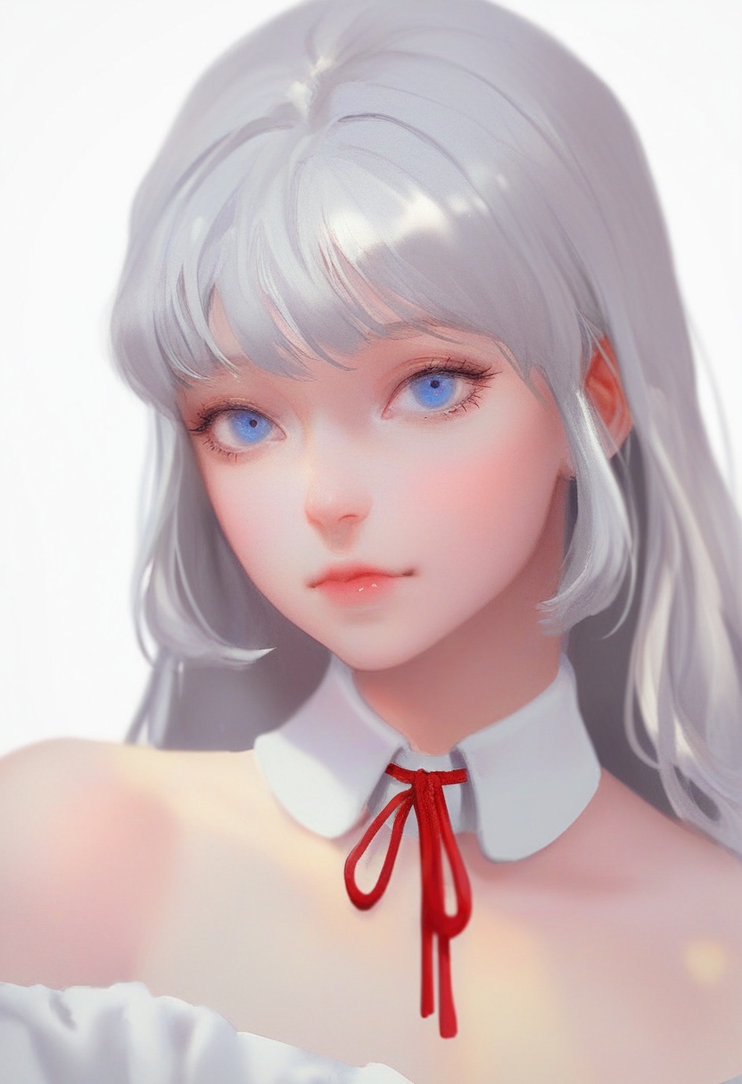 a close-up portrait of a female figure with long,  silver hair and striking blue eyes. she is wearing a white top with a r...