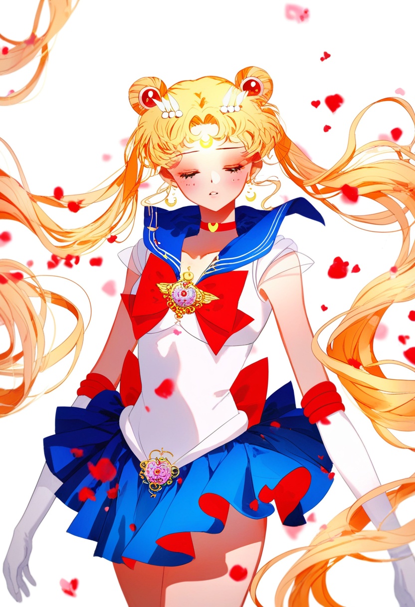 a character with long,  flowing hair adorned with red and white accessories. the character is wearing a blue and white dre...