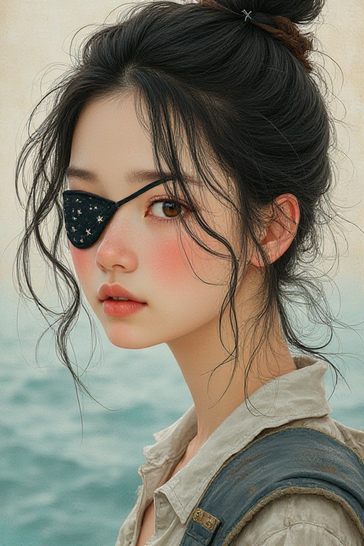 (portrait of a young pirate with wet hair and soft features),  (eyepatch embroidered with stars),  (faint smirk showing br...