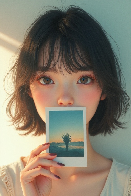 (KoreanIllustration),  (KoreanDollFace),  (portrait of a girl holding a Polaroid to her lips) on Tensor.Art