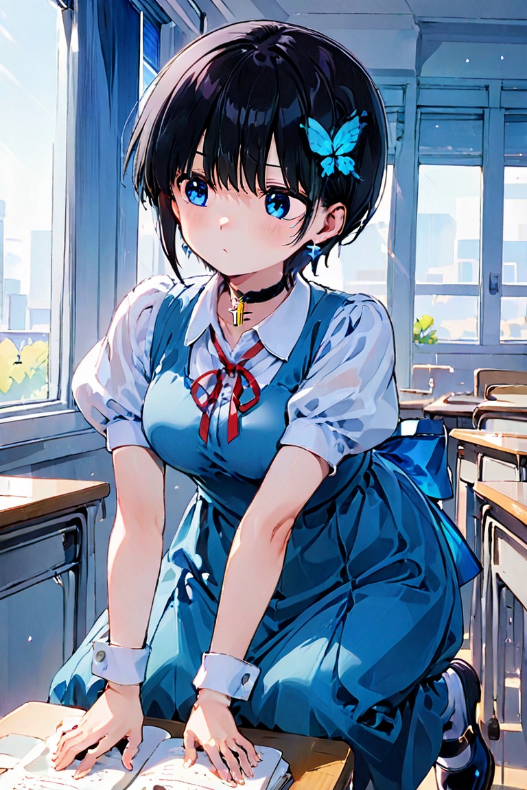 Long dress uniform,  light blue jumper skirt,  large waist ribbon on Tensor.Art