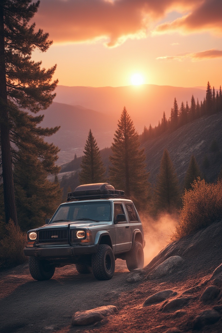 A rugged SUV parked on a rocky mountain trail at sunset,  high-angle shot,  dramatic golden-hour lighting on Tensor.Art