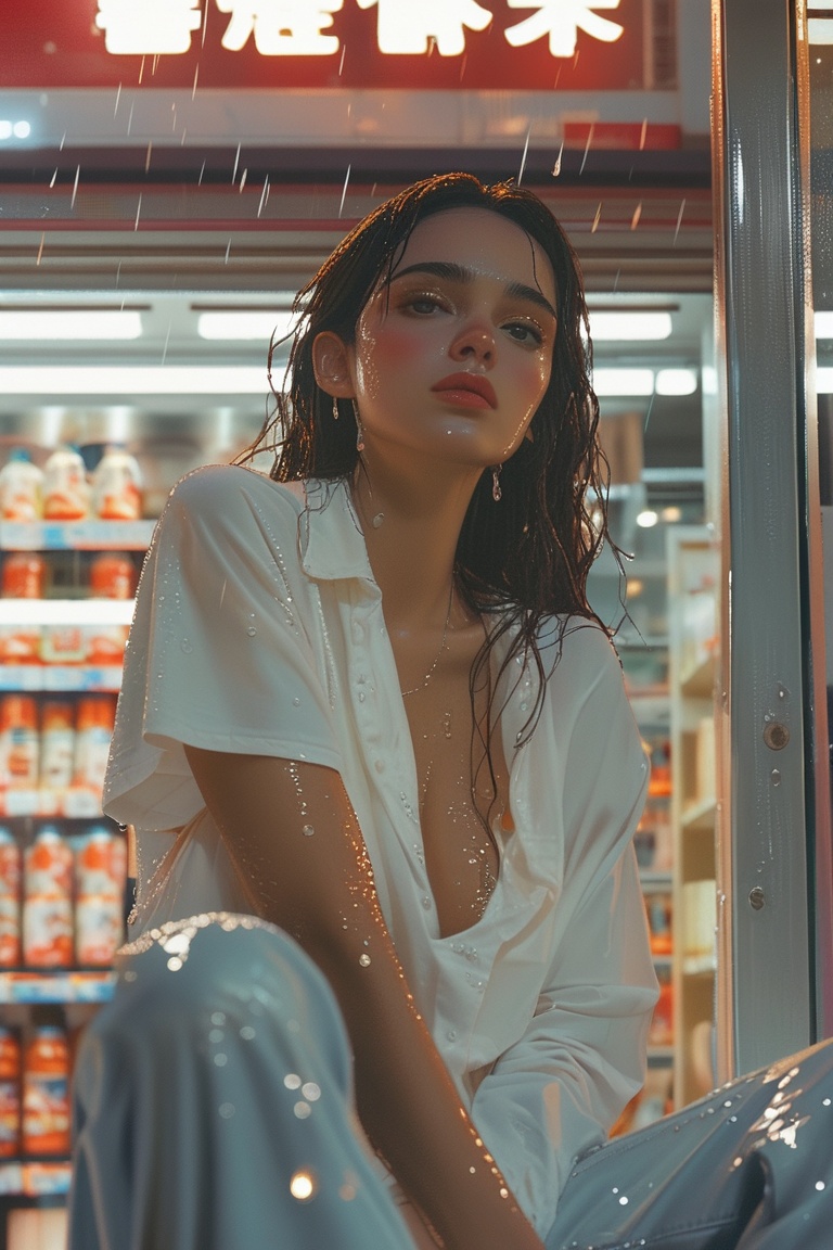 Hyp3rAn1me,  A woman sitting in front of a convenience store late at night,  white top and jeans on Tensor.Art