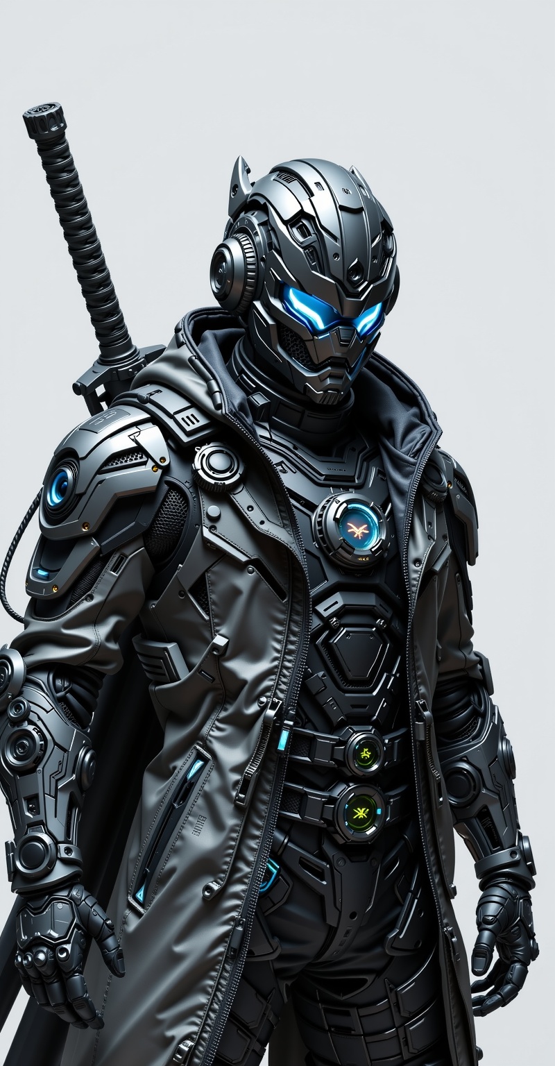 A close-up head-to-shoulder hyper-realistic poster-style image with studio lighting and depth of field. A futuristic male...