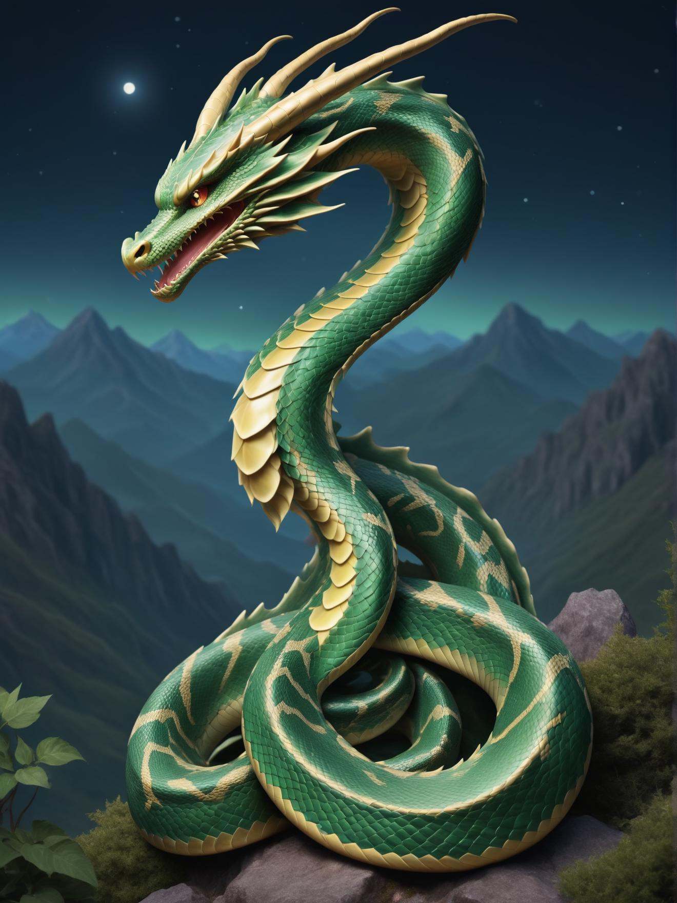 dragon,  scales shimmering with iridescent colors,  perched atop a craggy peak on Tensor.Art