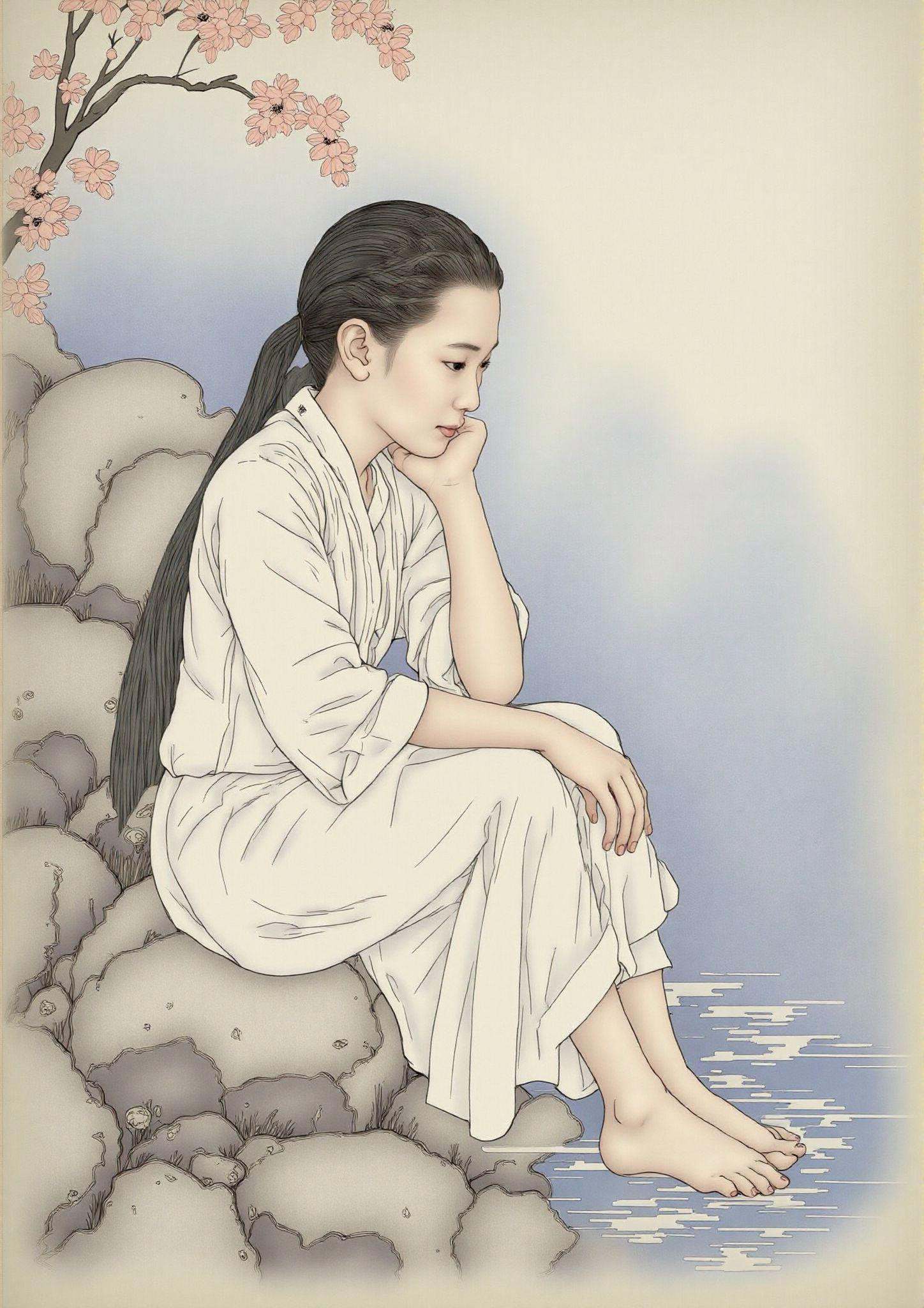 girl sitting at the lake,  feet in water,  rocks gongbi on Tensor.Art