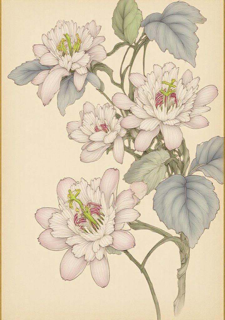 8. **Passion Flower (Passiflora)** – Intricate blooms with edible fruit. gongbi,  painting silky lines,  gilded outline ed...