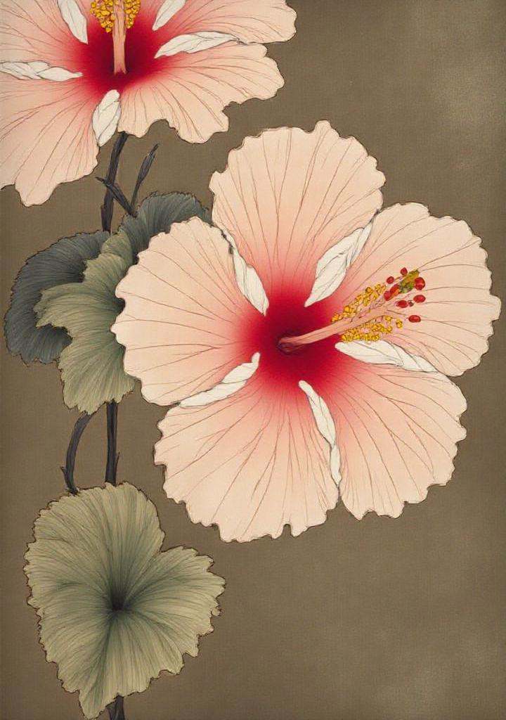 1. **Hibiscus** – Known for its large,  colorful blooms. gongbi,  painting silky lines on Tensor.Art