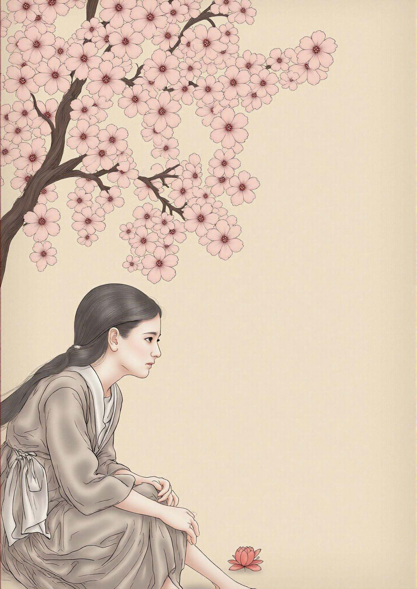 A girl sitting in garden under a cherry blossom tree gongbi,  painting silky lines,  gilded outline edges on Tensor.Art