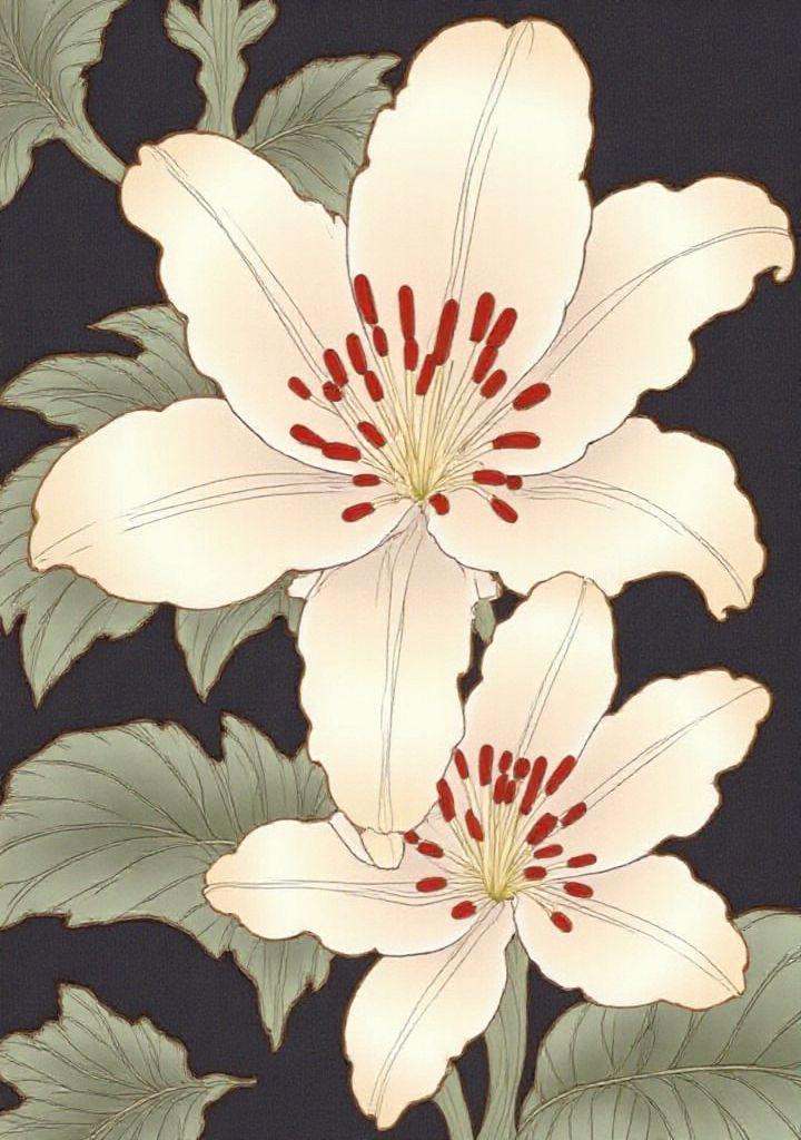 18. **Scadoxus (Blood Lily)** – A spherical burst of red stamens. gongbi,  painting silky lines,  gilded outline edges on...