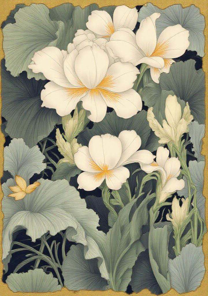 11. **Canna Lily** – Lush foliage and bright,  iris-like flowers. gongbi,  painting silky lines on Tensor.Art