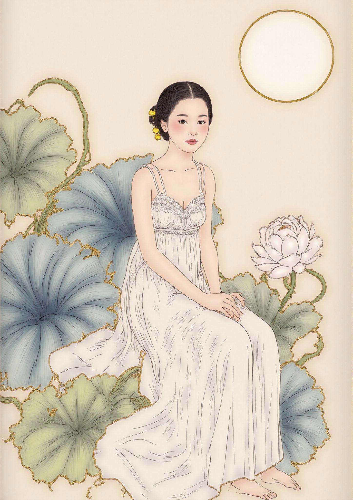 girl sitting at the lake,  lotus around gongbi,  painting silky lines on Tensor.Art