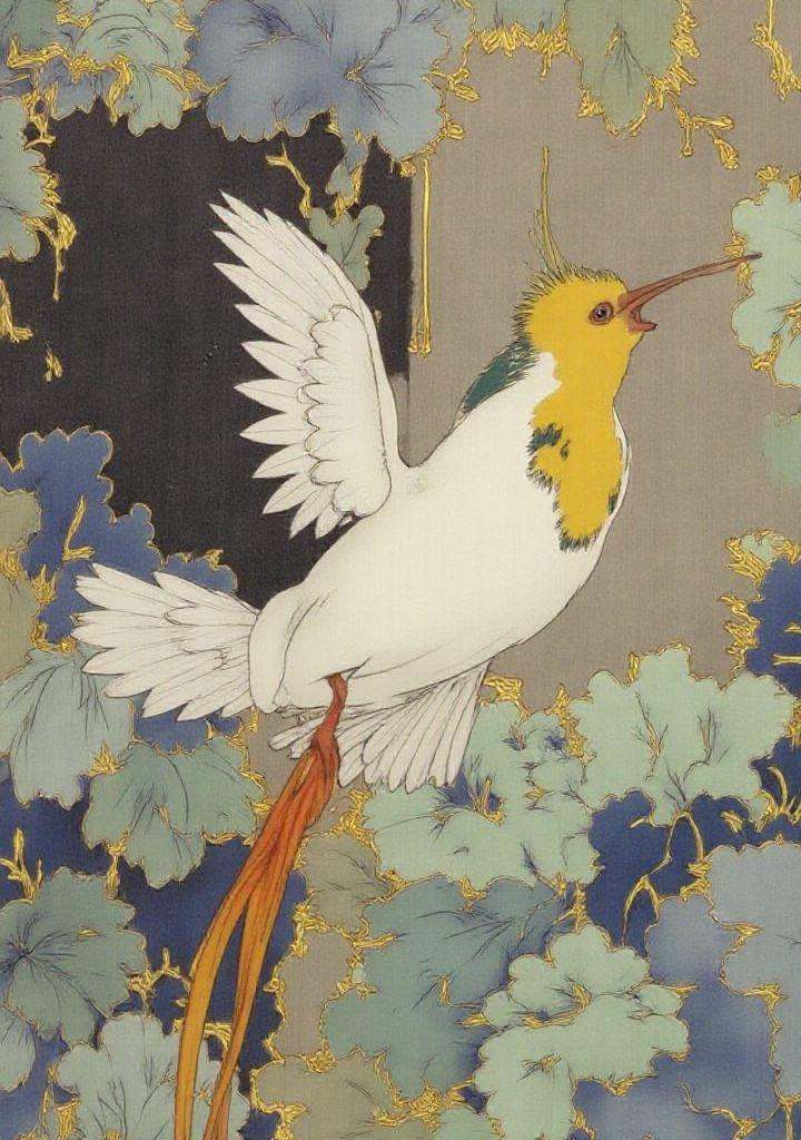 2. **Bird of Paradise (Strelitzia)** – Resembles a bird in flight. gongbi,  painting silky lines,  gilded outline edges on...