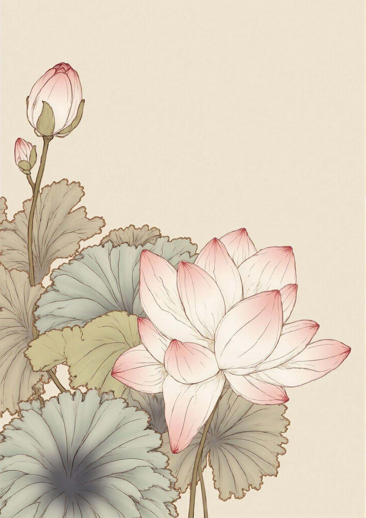 lotus and flowers gongbi,  painting silky lines,  gilded outline edges on Tensor.Art