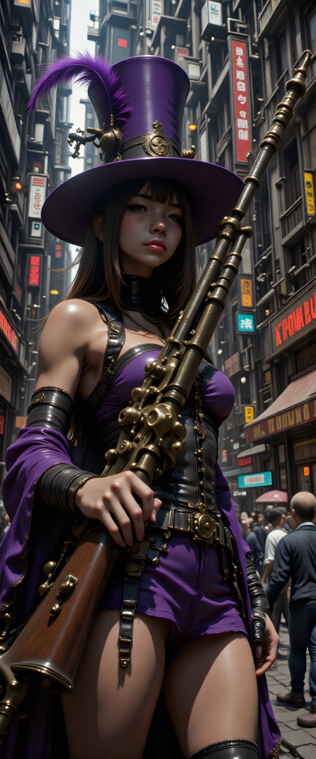 A solo female character in a steampunk ensemble,  captured in an extremely detailed and dynamic close-up shot from a later...