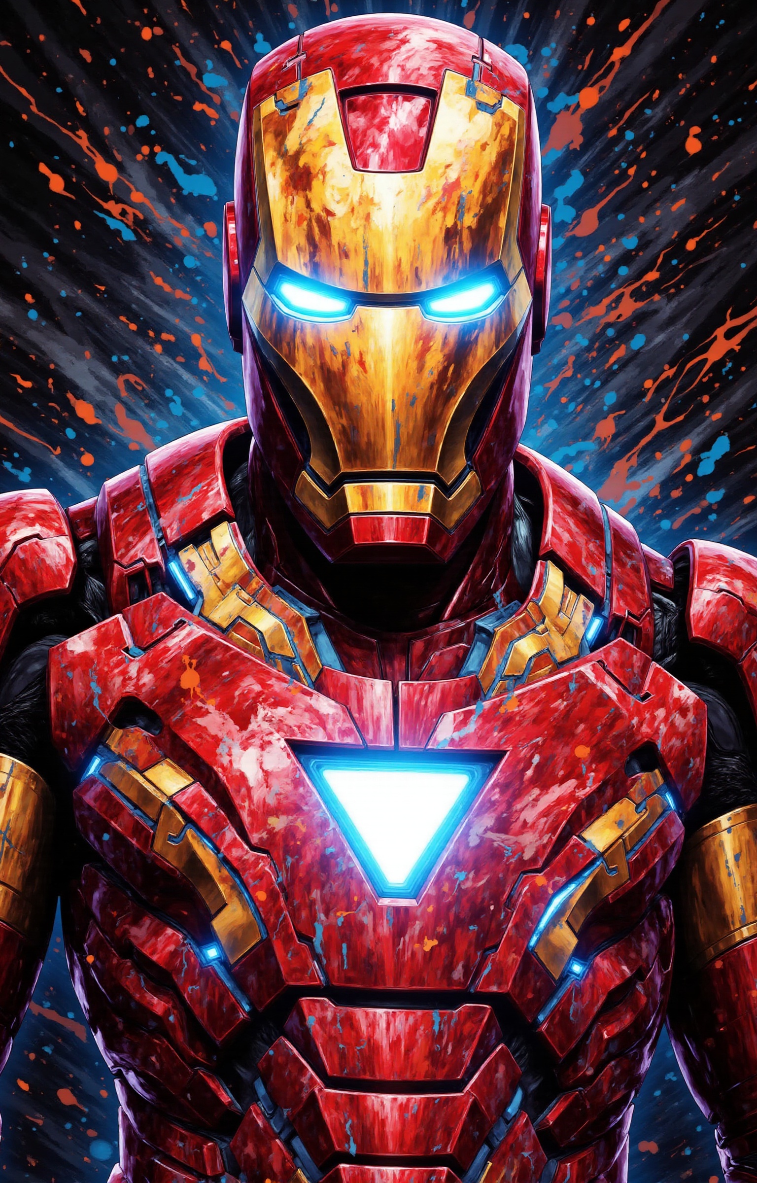 superpaintstyle,  a close-up portrait of Iron Man with glowing blue eyes,  fiery orange and red paint splashes over metall...
