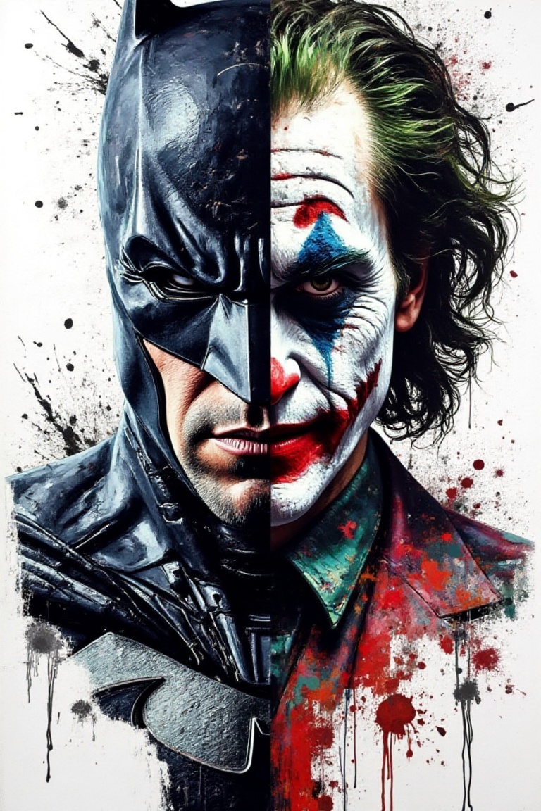 superpaintstyle,  split face portrait of Batman and Joker,  black and red paint drips across both sides on Tensor.Art