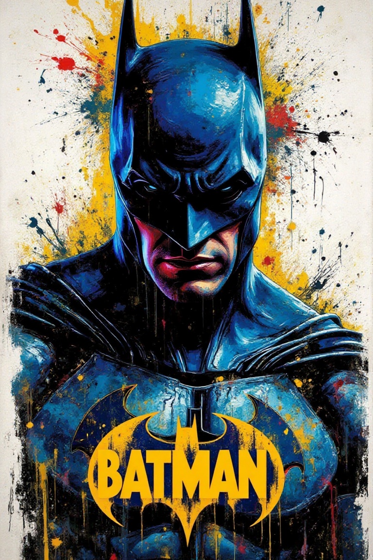superpaintstyle,  a dark and moody portrait of Batman,  blue and black armor covered in colorful graffiti strokes on Tenso...