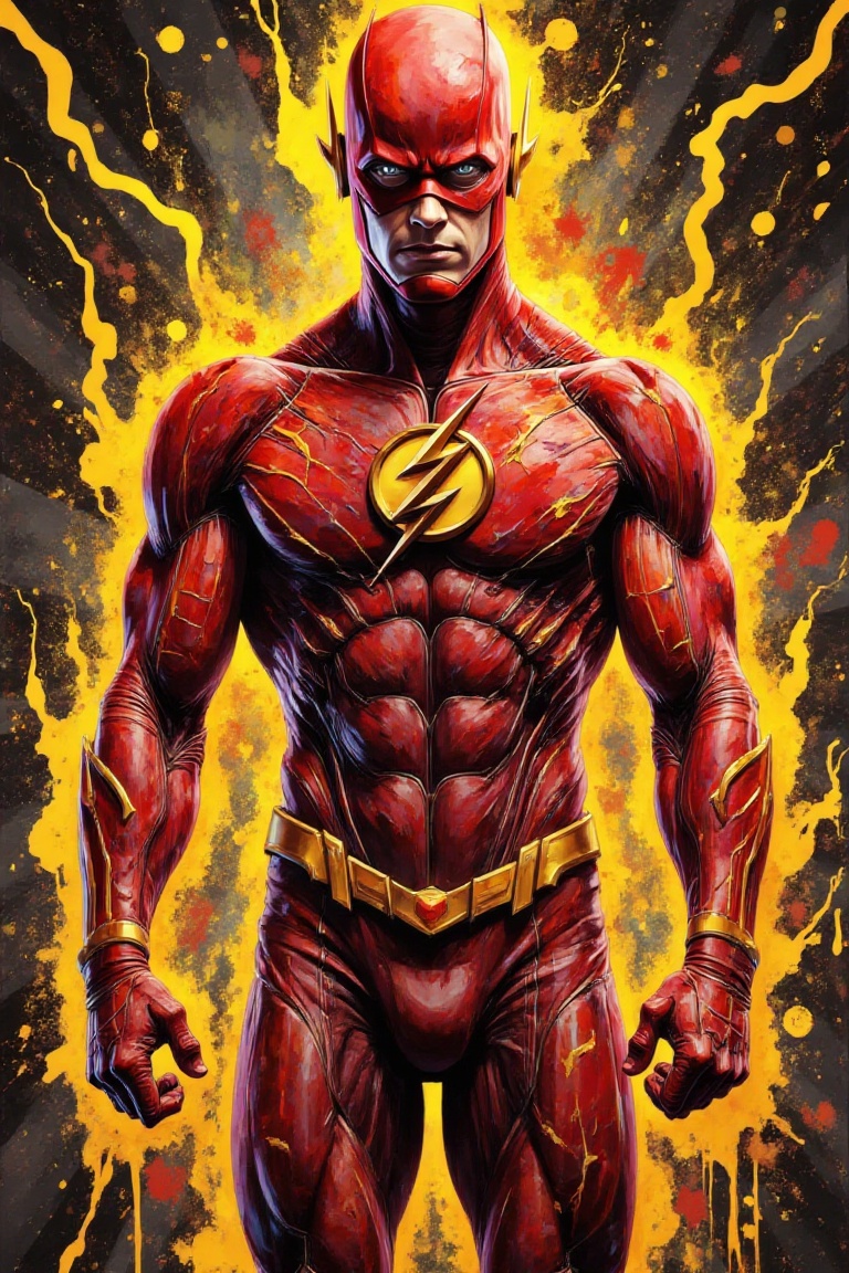 superpaintstyle,  The Flash standing in a burst of yellow and red energy,  lightning paint trails in the background on Ten...