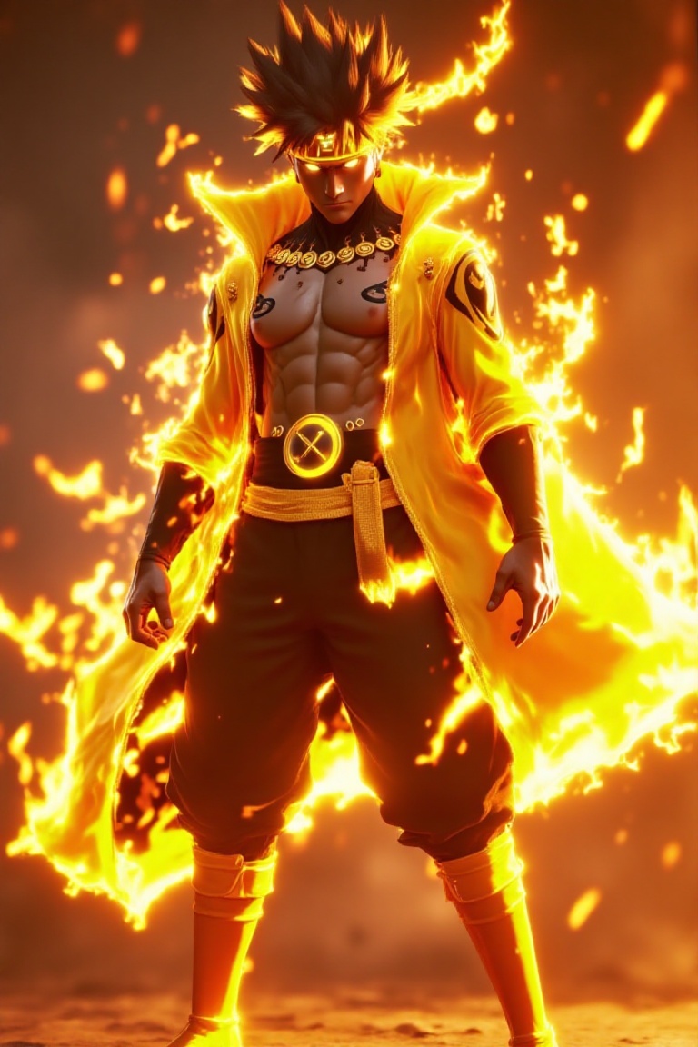 kuramaflare,  full-body pose of a male ninja standing in fire chakra cloak,  dynamic golden lighting on Tensor.Art